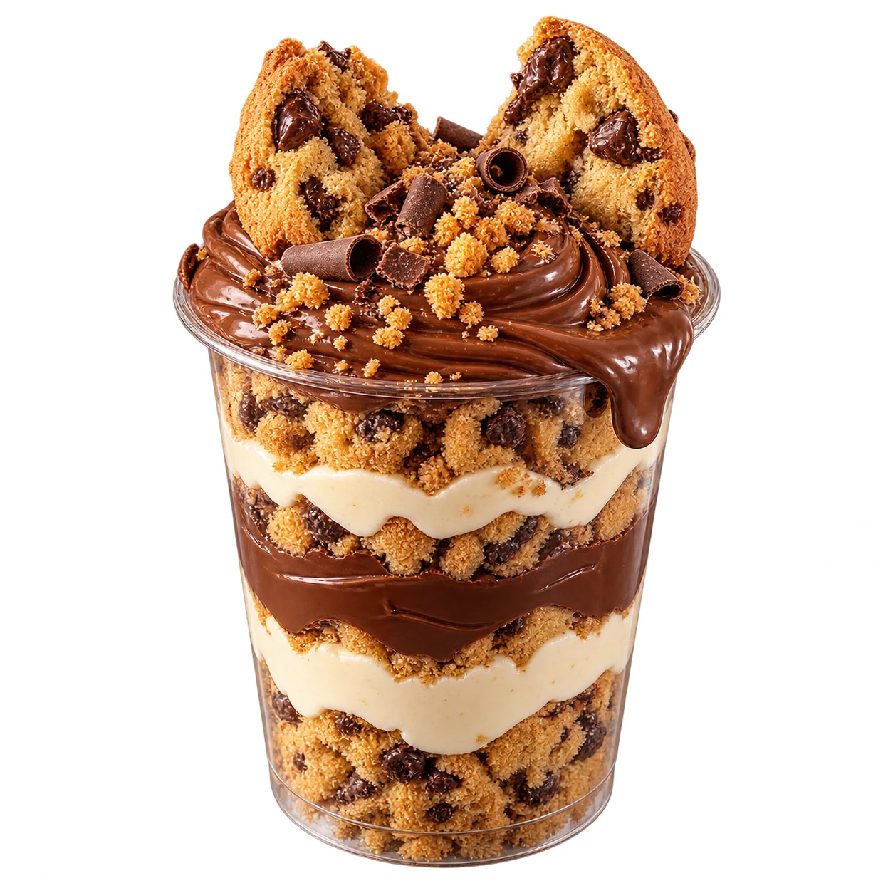 Copo de sobremesa com camadas de cookie, creme e chocolate