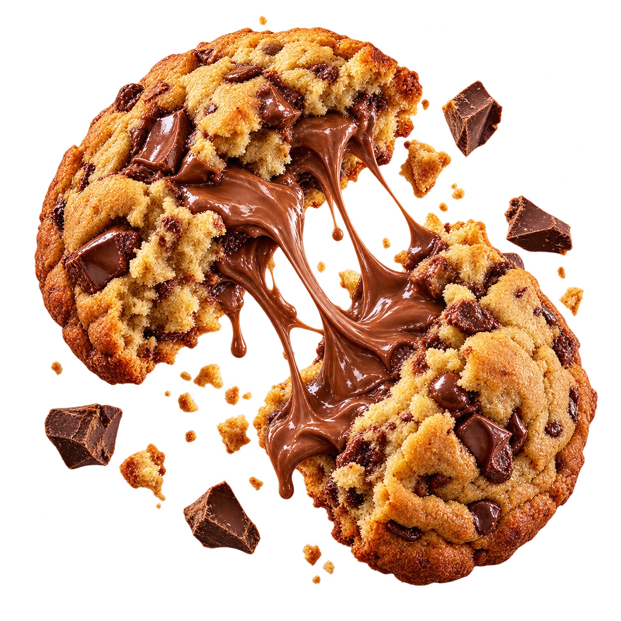 Cookie dourado partido ao meio, com recheio de chocolate e avelã e pedaços de chocolate flutuando
